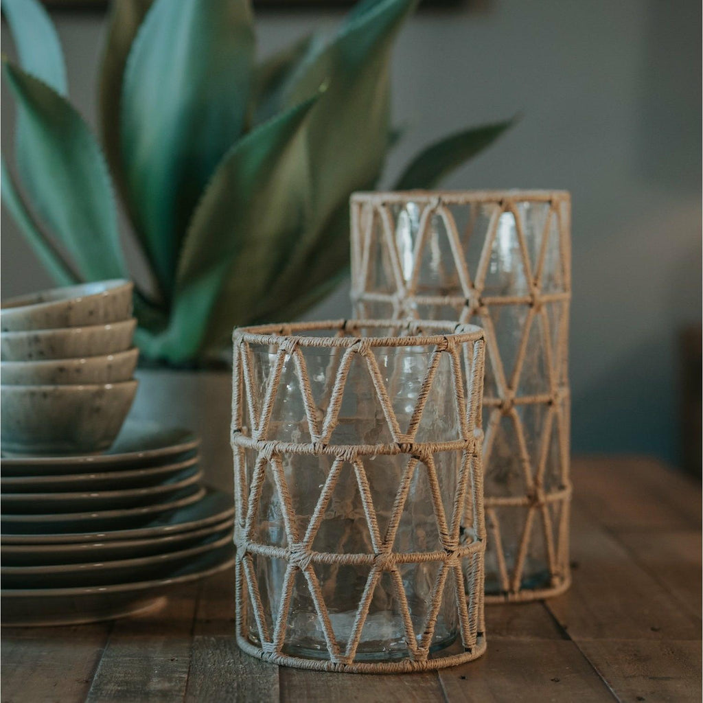 Large Jute Chevron Glass Lantern