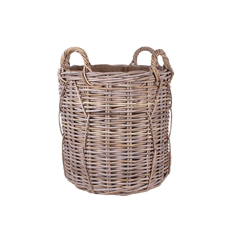 Medium Round Log Basket with Handles and Jute Lining - Angela Reed -