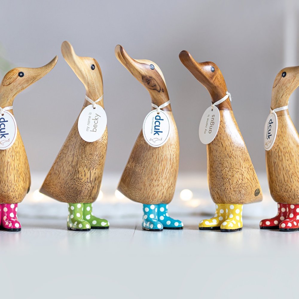 Natural Wooden Welly Ducklings, Spotty Wellies