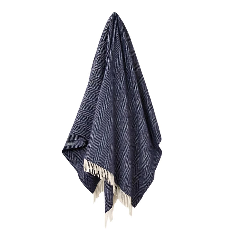 Navy Merino Herringbone Throw by Bronte