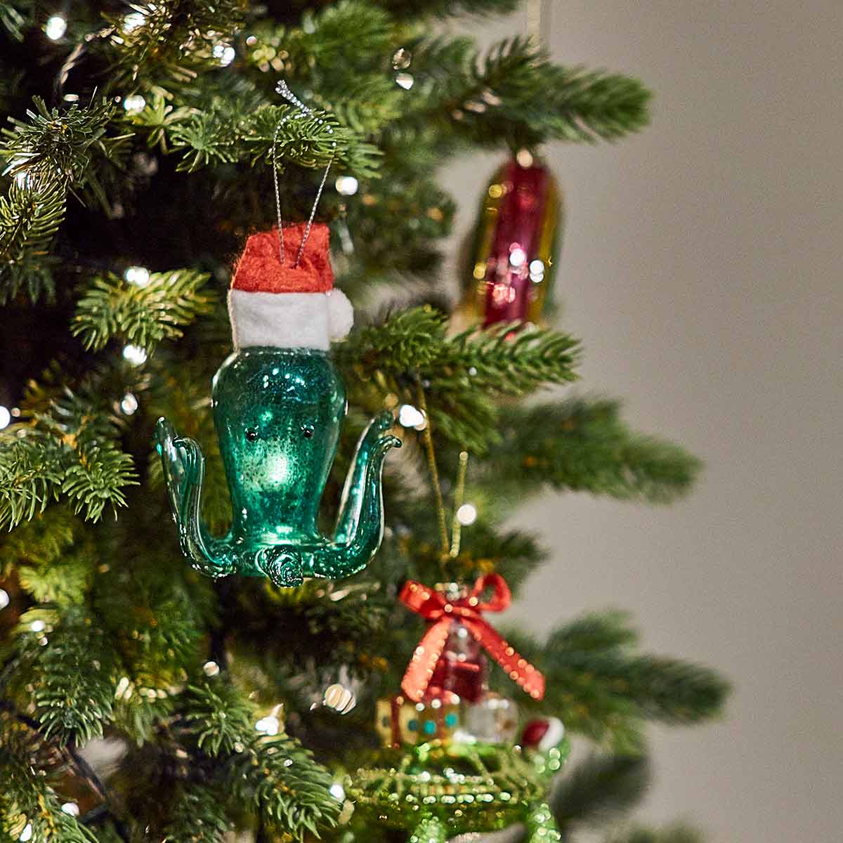 Octopus Glass Bauble with Santa Hat