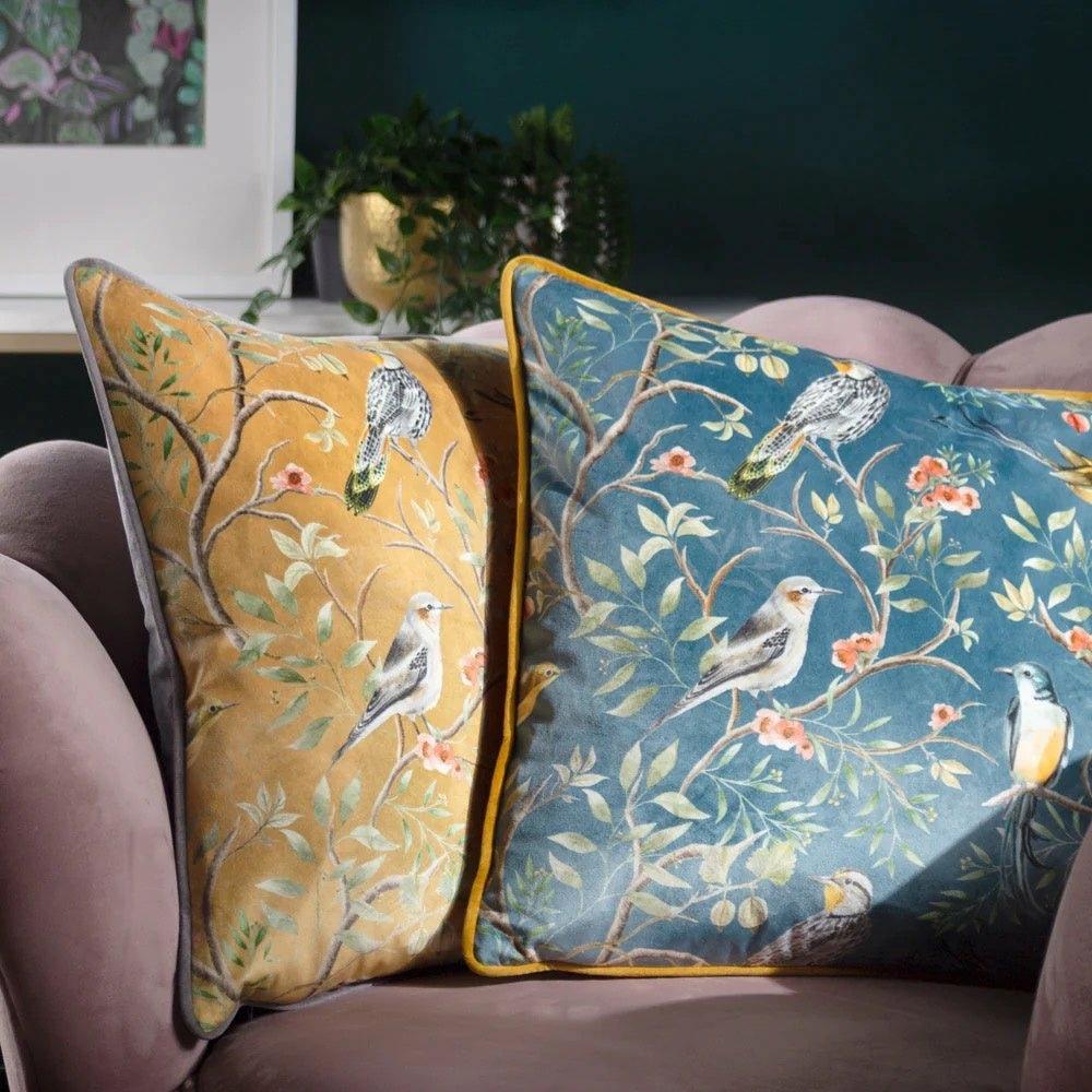 Orient Chinoiserie Birds Velvet Cushion, Slate Blue