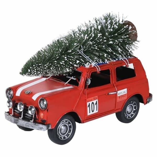 Red Rally Car with Christmas Tree