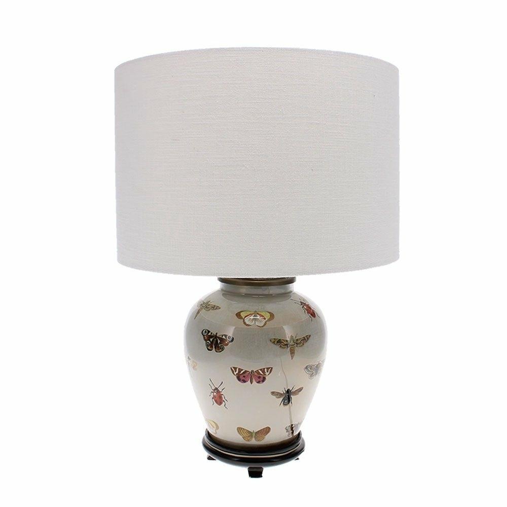 RHS Bugs Glass Table Lamp with 30cm White Linen Drum Shade