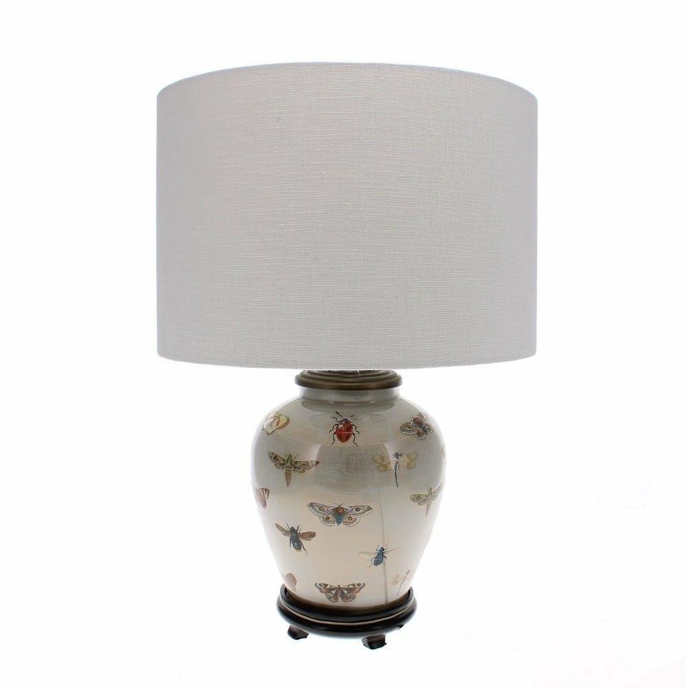RHS Bugs Glass Table Lamp with 30cm White Linen Drum Shade