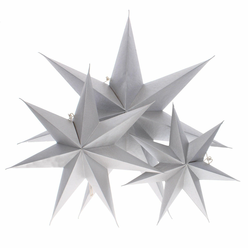 Set of 3 Silver Patterned Paper Star Decorations