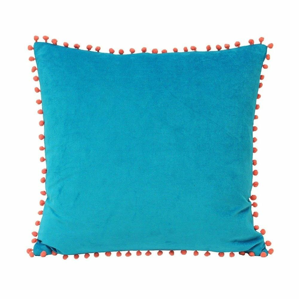 Velvet Pompom Cushion, Teal and Coral