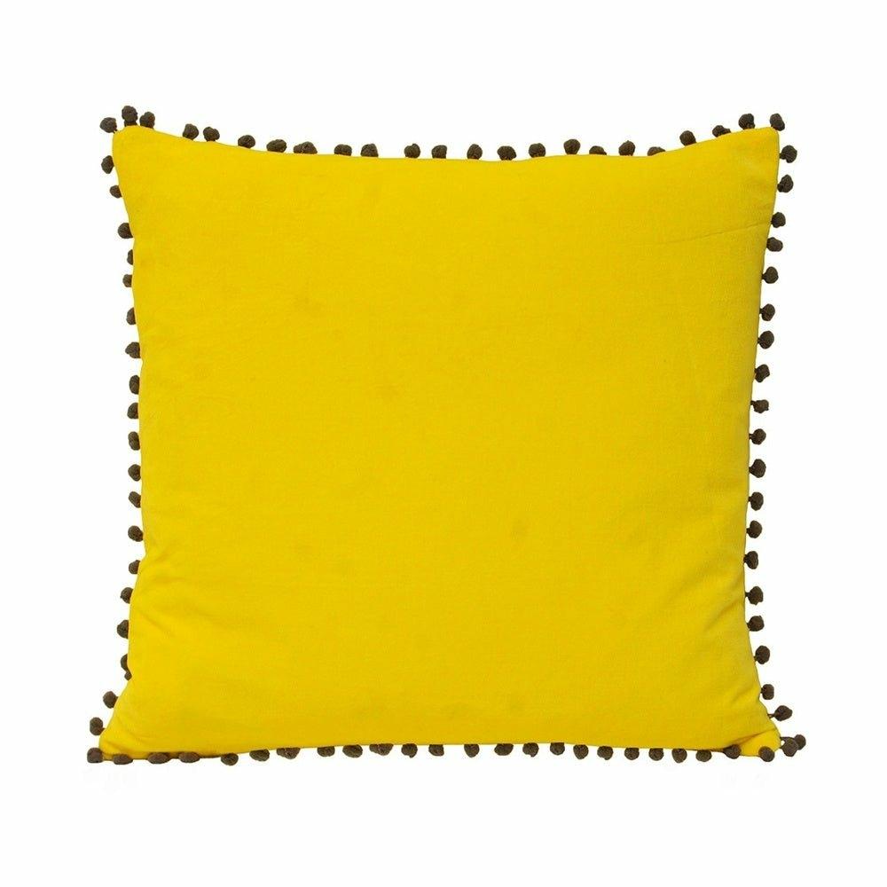 Velvet Pompom Cushion, Yellow and Grey