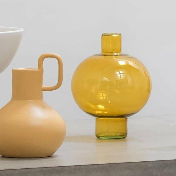 Vintage Style Round Glass Vase, Amber Yellow