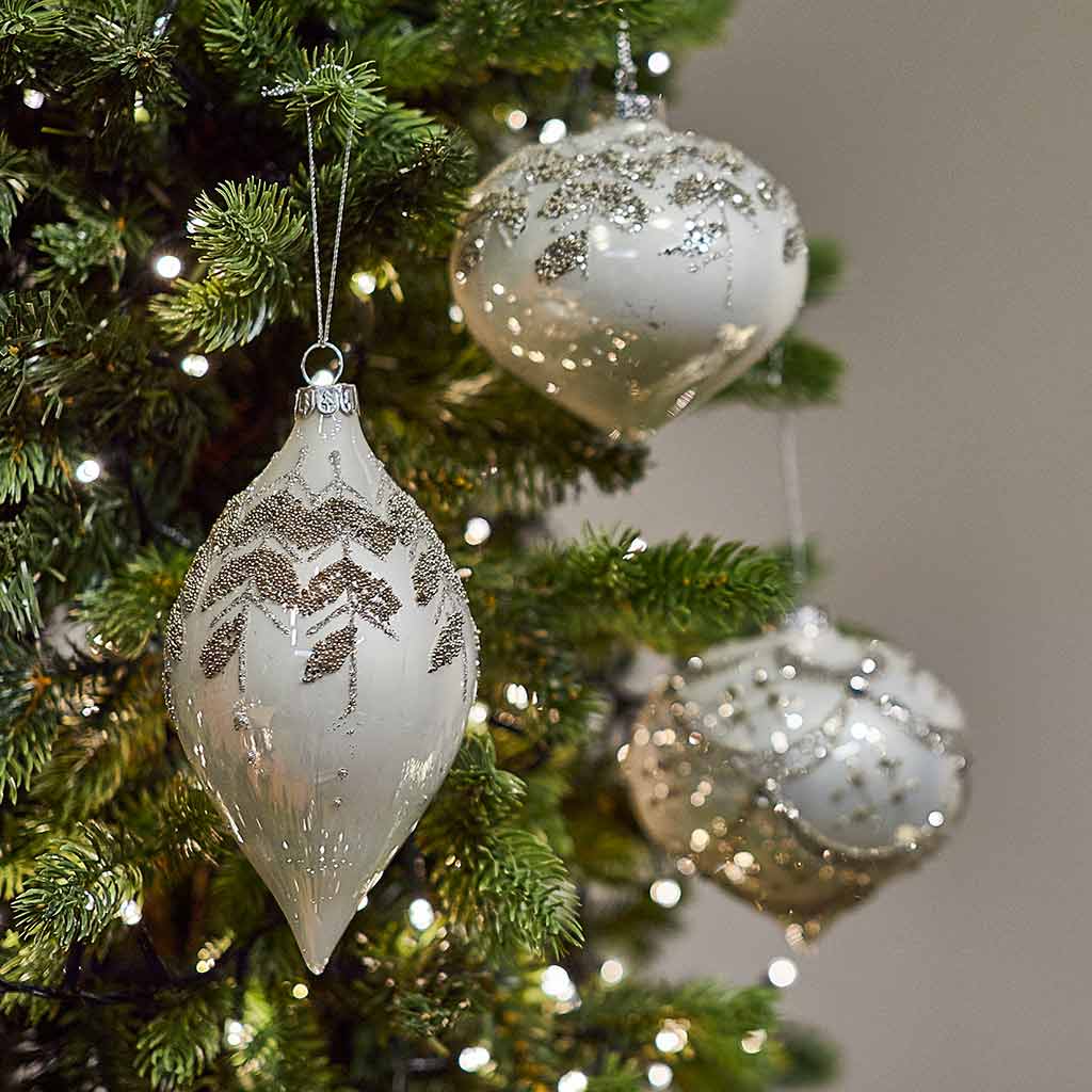 White Drop Beaded Leaves Bauble - Angela Reed - Christmas Decorations